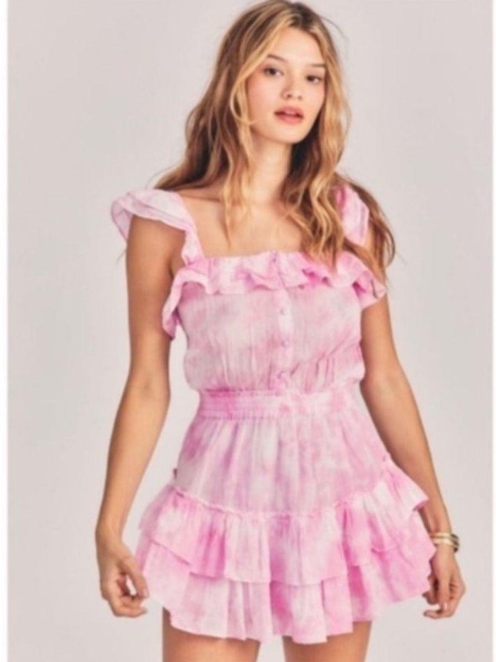 LoveShackFancy Pink Ruffle Tie-Dye Tiered Sundress